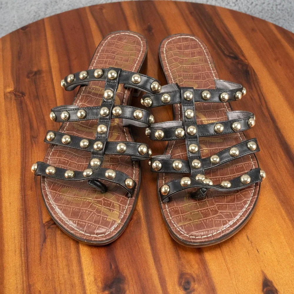 Sam Edelman Glenn Studded Leather Slide Sandals Black Gold Womens US 11 Flat
